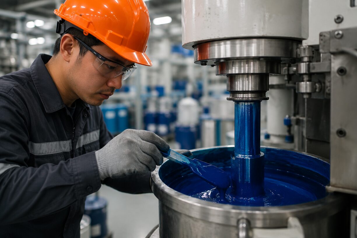 Operator working on paint and coatings production equipment